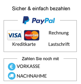 PayPal, Kreditkarte, Lastschrift, Vorkasse, Nachnahme, Rechnung